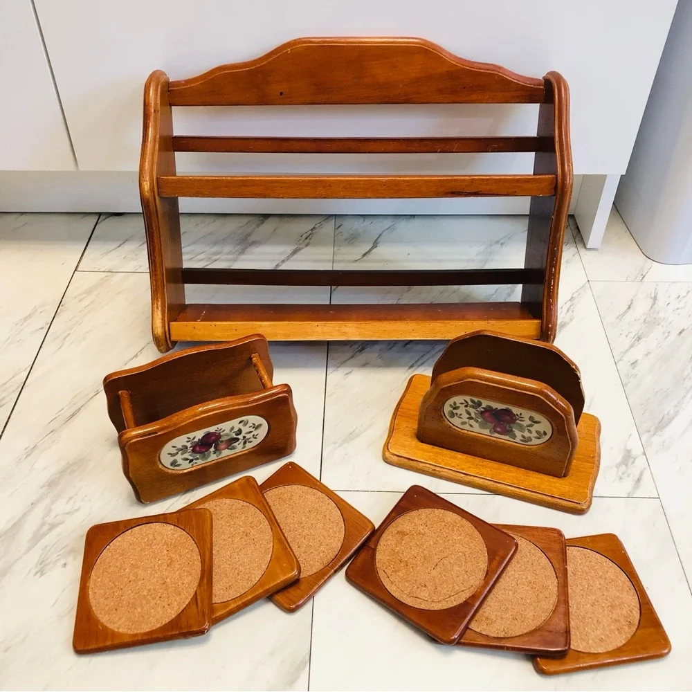 VTG Wood Countertop Trinket Shelf Spice Rack Napkin Coaster Holders Set Cottage